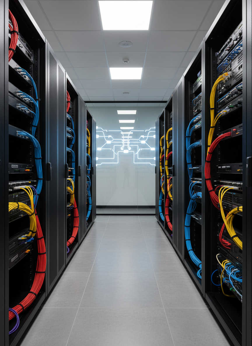 A clean, modern server room interior representing low-voltage infrastructure, with two parallel rows of sleek black network racks filled with neatly organized patch panels, CAT6 cabling, and fiber distribution units. Color-coded cables are bundled with Velcro, curving in precise arcs toward labeled switches. Cool, even LED ceiling panels cast soft white light, creating subtle reflections on the matte floor tiles and brushed metal rack doors. The far wall holds an illuminated network diagram on a large glass panel, softly out of focus. Photographic realism at eye level with sharp focus throughout, conveying professionalism, reliability, and meticulous organization, ideal for a low-voltage staffing agency homepage hero image.