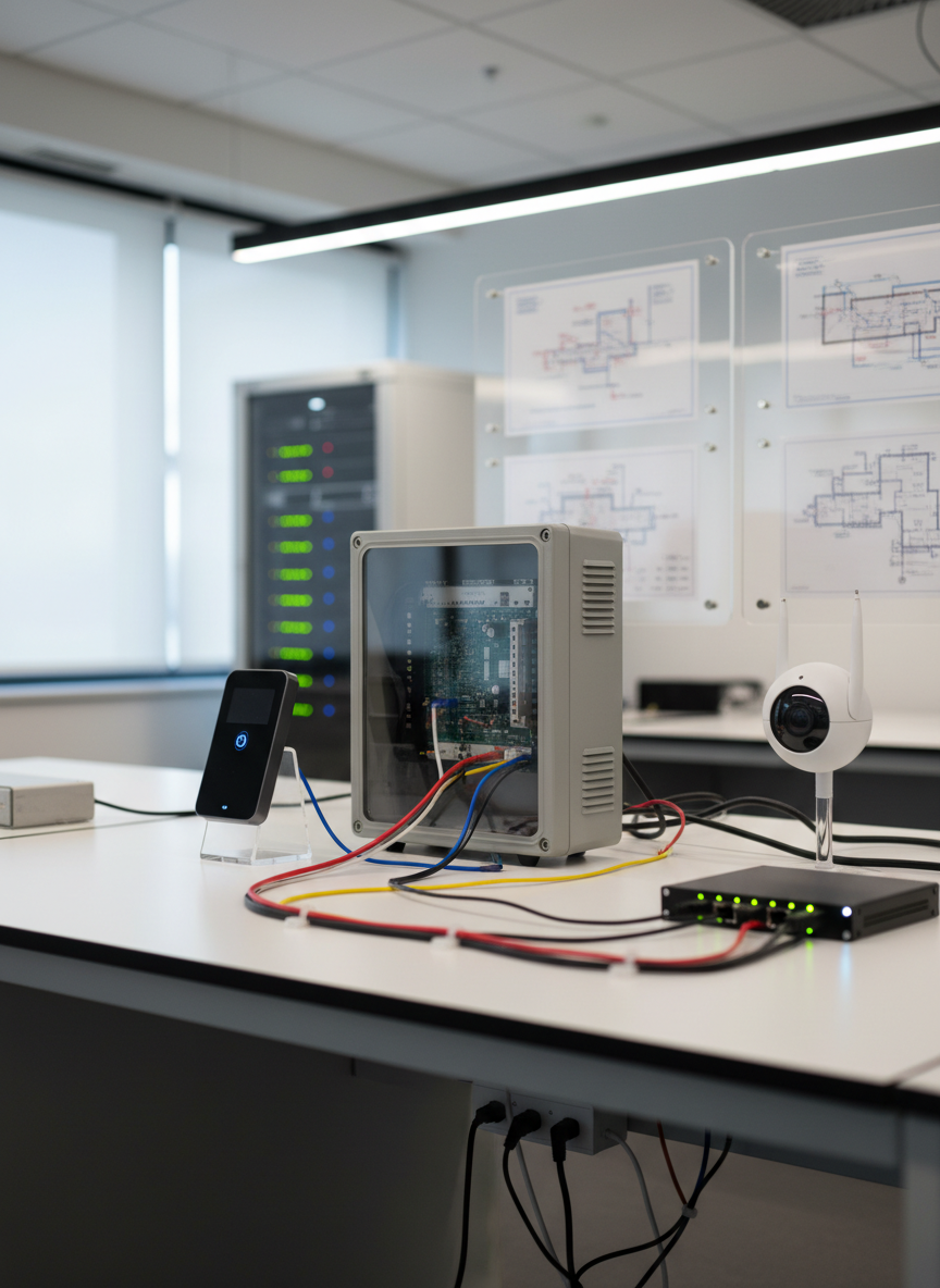A modern security and access control equipment showcase in a minimalist office lab setting, emphasizing the breadth of low-voltage specialties. On a matte white workbench sit a networked access control panel enclosure, a sleek card reader, a compact CCTV dome camera, and a small POE network switch, all connected by neatly routed low-voltage cabling. The background features a softly blurred server rack and wall-mounted wiring diagrams. Natural daylight from a nearby window combines with subtle overhead LED lighting, creating soft highlights on plastic and metal surfaces. Photographic realism, shot from a slightly elevated angle with shallow depth of field, creating an organized, confident, and forward-looking mood that reflects a professional recruiting agency’s expertise.