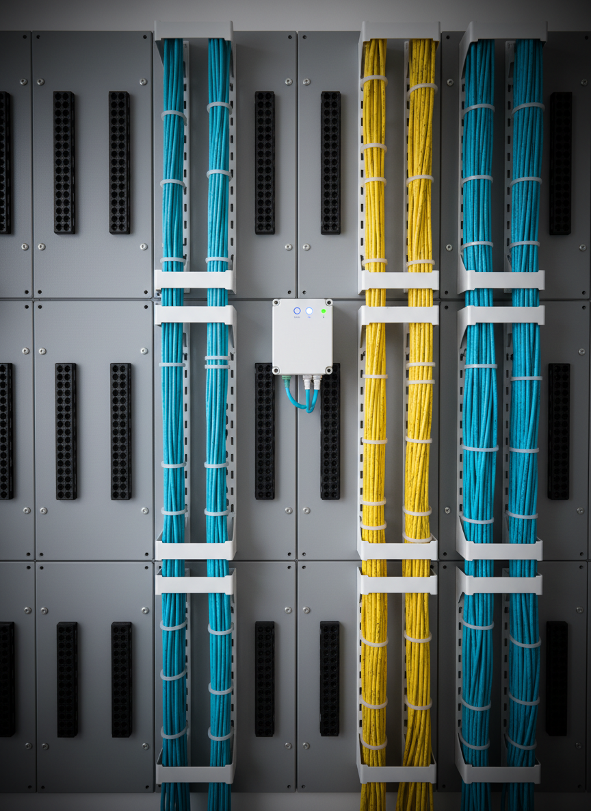A close-up, photographic realism shot of a meticulously organized low-voltage distribution wall in a clean technology workspace. Several gray metal backboards support structured cabling panels, CAT6 patch panels, and a fiber optic termination box with glowing status LEDs. Cyan, yellow, and blue cables are dressed in perfectly vertical runs inside white cable management channels. Soft, diffused overhead lighting emphasizes the textures of the cable jackets and the subtle sheen of brushed metal hardware, casting gentle, controlled shadows. Shot straight-on with a slight vignette, the composition follows the rule of thirds to highlight order and precision, evoking a calm, professional, and highly competent atmosphere suited for a specialized staffing firm.